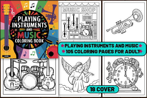 Playing Instrument and Music Color Page: Creative Escape for Adults